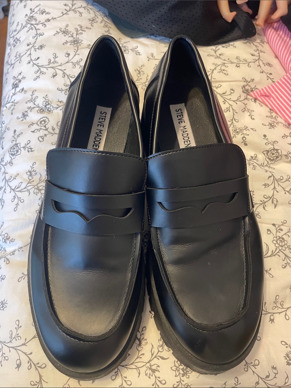 Steve Madden Black Leather Penny Loafers with Strap Detail think sole worn once